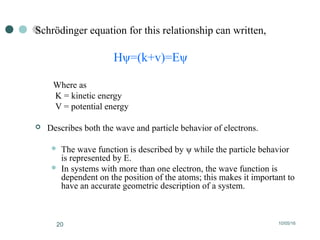 10/05/1620
Schrödinger equation for this relationship can written,
Hψ=(k+v)=Eψ
Where as
K = kinetic energy
V = potential energy
 Describes both the wave and particle behavior of electrons.
 The wave function is described by ψ while the particle behavior
is represented by E.
 In systems with more than one electron, the wave function is
dependent on the position of the atoms; this makes it important to
have an accurate geometric description of a system.
 