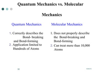 10/05/1630
Quantum Mechanics vs. Molecular
Mechanics
Quantum Mechanics
1. Correctly describes the
Bond- breaking
and Bond-forming
2. Application limited to
Hundreds of Atoms
Molecular Mechanics
1. Does not properly describe
the Bond-breaking and
Bond-forming
2. Can treat more than 10,000
Atoms
 