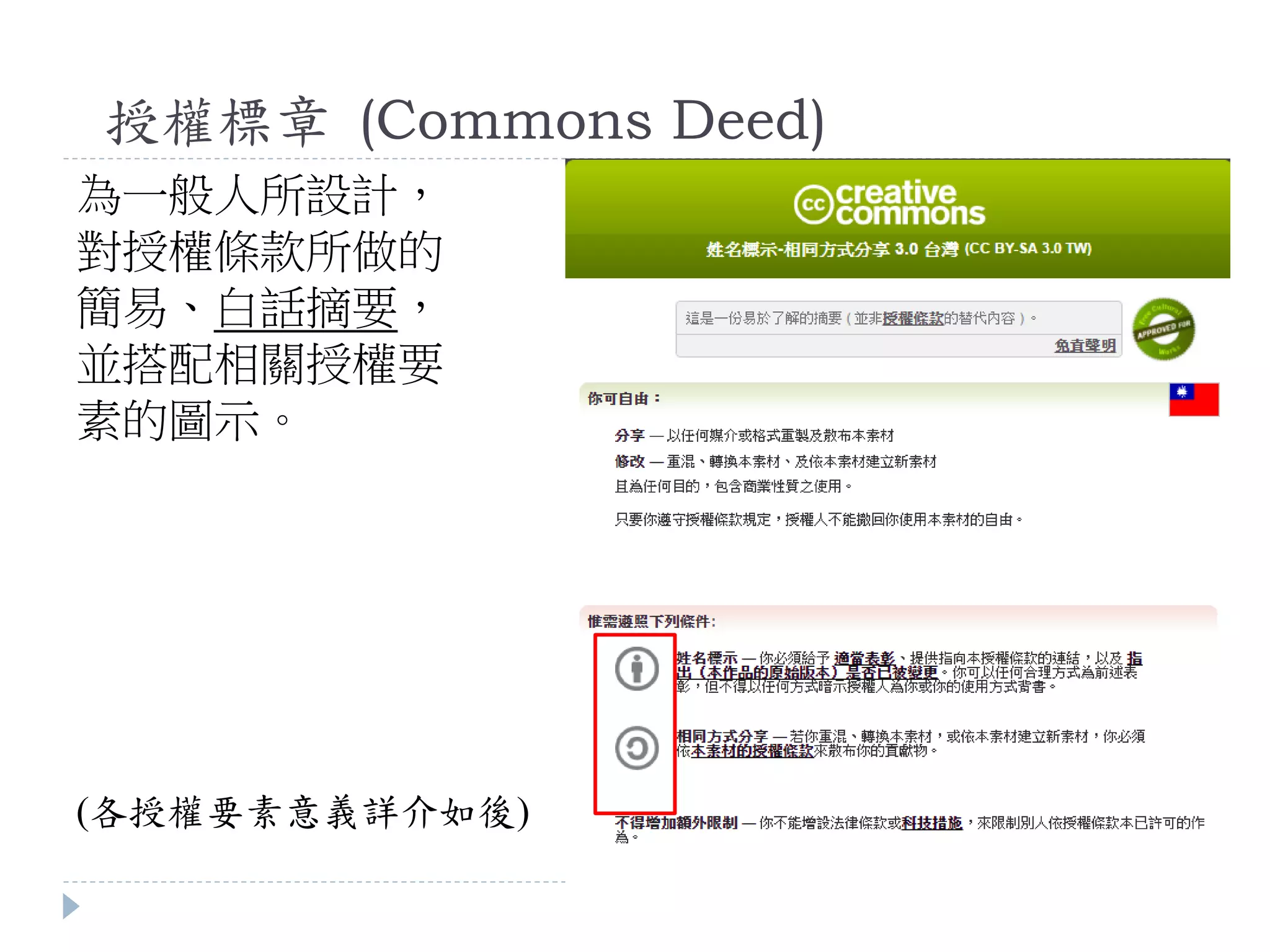 授權標章 (Commons Deed)
為一般人所設計，
對授權條款所做的
簡易、白話摘要，
並搭配相關授權要
素的圖示。
(各授權要素意義詳介如後)
 