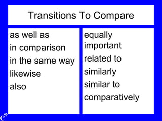 Transitions To Compare
as well as
in comparison
in the same way
likewise
also
equally
important
related to
similarly
similar to
comparatively
 