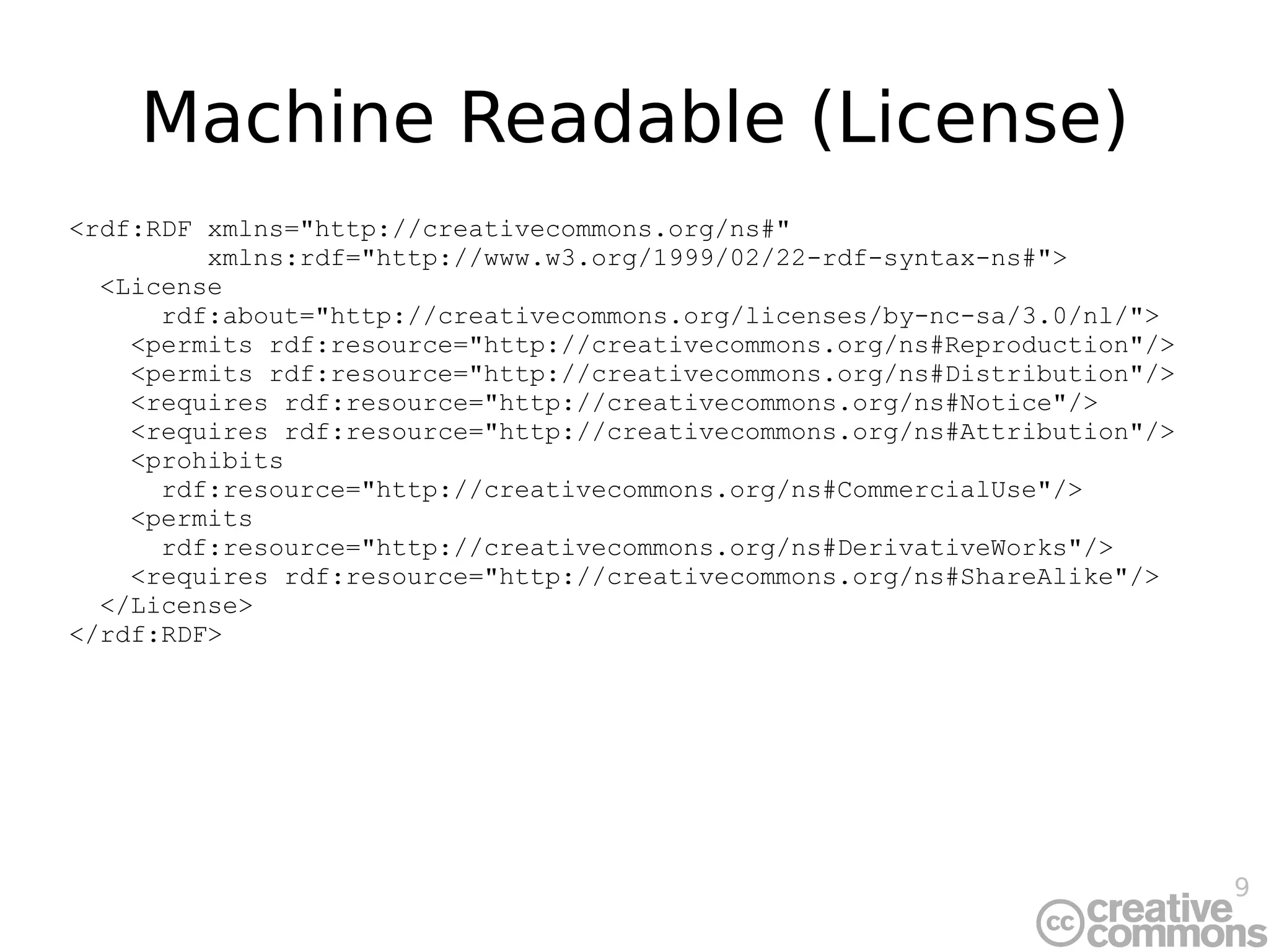 Machine Readable (License) <rdf:RDF xmlns=&quot;http://creativecommons.org/ns#&quot; xmlns:rdf=&quot;http://www.w3.org/1999/02/22-rdf-syntax-ns#&quot;> <License rdf:about=&quot;http://creativecommons.org/licenses/by-nc-sa/3.0/nl/&quot;> <permits rdf:resource=&quot;http://creativecommons.org/ns#Reproduction&quot;/> <permits rdf:resource=&quot;http://creativecommons.org/ns#Distribution&quot;/> <requires rdf:resource=&quot;http://creativecommons.org/ns#Notice&quot;/> <requires rdf:resource=&quot;http://creativecommons.org/ns#Attribution&quot;/> <prohibits rdf:resource=&quot;http://creativecommons.org/ns#CommercialUse&quot;/> <permits rdf:resource=&quot;http://creativecommons.org/ns#DerivativeWorks&quot;/> <requires rdf:resource=&quot;http://creativecommons.org/ns#ShareAlike&quot;/> </License> </rdf:RDF> 