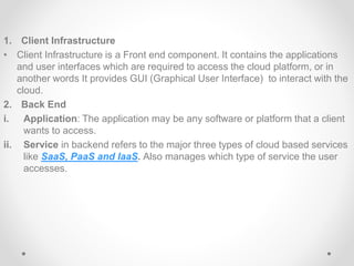 1. Client Infrastructure
• Client Infrastructure is a Front end component. It contains the applications
and user interfaces which are required to access the cloud platform, or in
another words It provides GUI (Graphical User Interface) to interact with the
cloud.
2. Back End
i. Application: The application may be any software or platform that a client
wants to access.
ii. Service in backend refers to the major three types of cloud based services
like SaaS, PaaS and IaaS. Also manages which type of service the user
accesses.
 