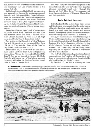 plan. It was not until after the Israelites were deliv-
ered from Egypt that God revealed the rest of His
annual festivals.
As God made the weekly Sabbath for man when
man was made, so He gave His people seven annual
festivals, with their annual Holy Days (Sabbaths),
when He established the Church (or congregation
of Israel) in the wilderness. But Israel, under the
covenant made at Sinai, had no promise of receiv-
ing the Holy Spirit, and therefore could not under-
stand the spiritual meaning of these annual obser-
vances.
Regardless of carnal Israel's lack of understand-
ing, God's annual Holy Days were ordained to be
kept FOREVER! Christ kept them. The New Testa-
ment Church, founded by Jesus in A.D. 31, kept
them. And God's Church keeps them today!
Just as the weekly Sabbath is a "sign" between
God and His people, so are the annual Holy Days
(Ex. 31:13). They are the "feasts of the LORD"-
"my feasts," said God (Lev. 23:2, 4).
These feasts are, as the God of the Old Testa-
ment said in Leviticus 23:37-38, to be kept as holy
convocations "beside the [weekly] sabbaths of the
LORD"! And as we learned in Lesson 17, God's
festivals, which are a part of God's Law, were not
done away with when the Sinaitic Covenant ceased
to be in force at Christ's death.
The whole story of God's marvelous plan is to be
reenacted year after year by God's Spirit-begotten
children-spiritual Israel today-through the
keeping of God's Holy Days. The observance of
these days reminds them of His great Master Plan
and their part in it.
God's Spiritual Harvests
In the land settled by ancient Israel (later known
as Palestine and now occupied by the modern state
of Israel), there is a small spring grain harvest fol-
lowed by a much larger late summer and autumn
harvest. These yearly agricultural harvests are sym-
bolic of God's spiritual "harvests" of mankind!
Today, we can understand from the teachings of
Christ and the apostles that God intends the spring
festivals to illustrate that all those He has called to
become His Spirit-begotten children before
Christ's Second Coming are only the "firstfruits"
harvest (Jas. 1:18)-only the relatively small
beginning of His spiritual harvest of individuals
into His divine Family.
The festivals of the much larger autumn harvest
season picture God's calling of thousands of mil-
lions of humanity to salvation and Sonship in His
glorious Family after Christ's return.
In Leviticus 23, we find a summary of these
HARVESTTIME-God used the small spring grain harvest and the large late summer and autumn harvest of
the Promised Land to picture His spiritual harvests of humans into His divine Family. Shown is an ancient
method of threshing grain in the village of Nairn in lower Galilee.
','
~.'~:'!~~~~J~;~~::;;~~'~i:'~:~-:'L~,"
4 Ambassador College Bible Correspondence Course
 