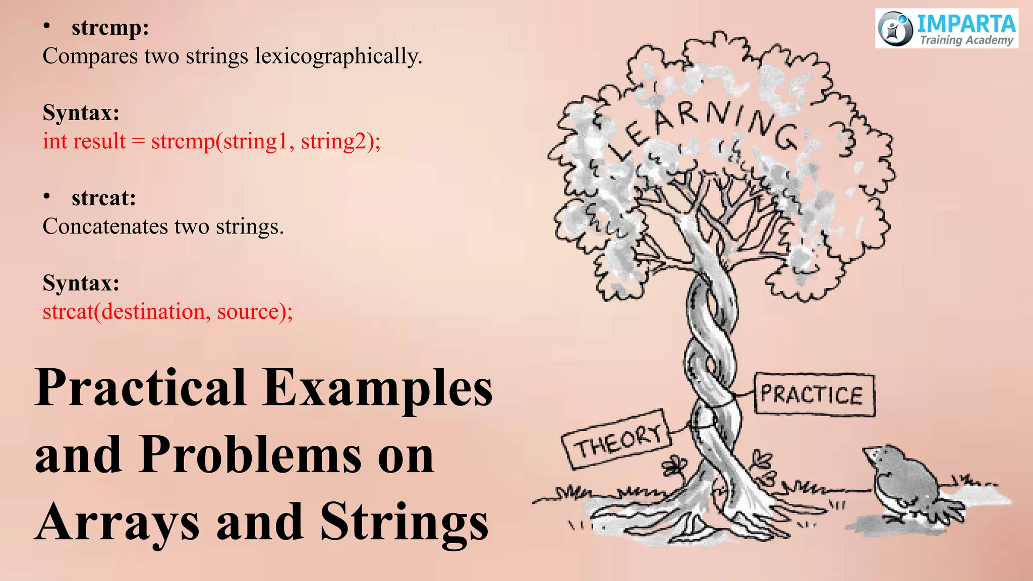 • strcmp:
Compares two strings lexicographically.
Syntax:
int result = strcmp(string1, string2);
• strcat:
Concatenates two strings.
Syntax:
strcat(destination, source);
Practical Examples
and Problems on
Arrays and Strings
 