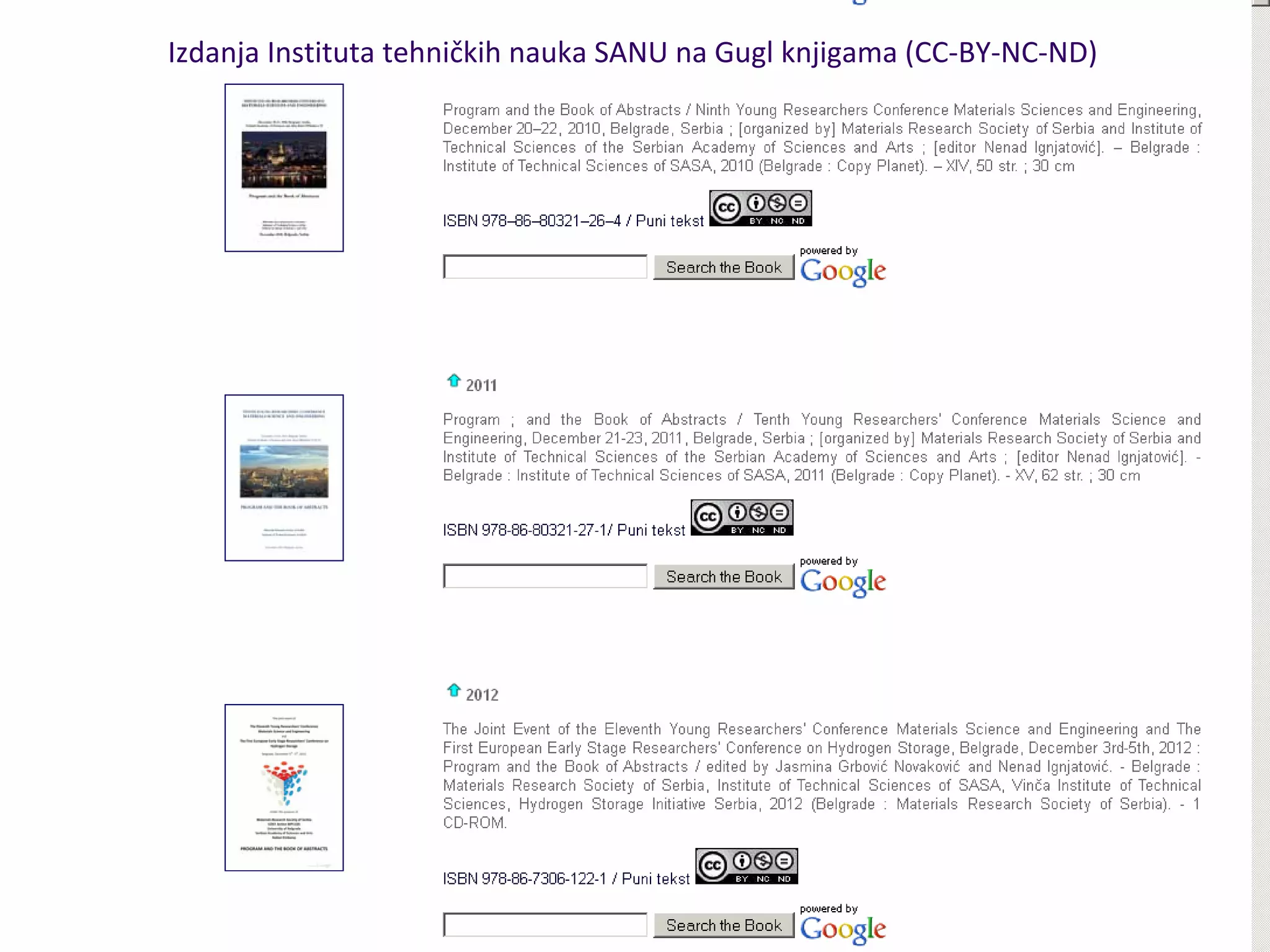 Tribina "Creative Commons – kreativnost i društvo znanja” / Galerija Petra Dobrovića / 25. jun 2014.
Izdanja Instituta tehničkih nauka SANU na Gugl knjigama (CC‐BY‐NC‐ND)
 