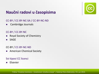 Tribina "Creative Commons – kreativnost i društvo znanja” / Galerija Petra Dobrovića / 25. jun 2014.
Naučni radovi u časopisima
CC‐BY / CC‐BY‐NC‐SA / CC‐BY‐NC‐ND
Cambridge Journals
CC‐BY / CC‐BY‐NC
Royal Society of Chemistry
SAGE
CC‐BY / CC‐BY‐NC‐ND
American Chemical Society
Svi tipovi CC licenci
Elsevier
 