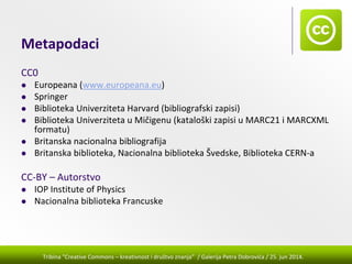 Tribina "Creative Commons – kreativnost i društvo znanja” / Galerija Petra Dobrovića / 25. jun 2014.
Metapodaci
CC0
Europeana (www.europeana.eu)
Springer 
Biblioteka Univerziteta Harvard (bibliografski zapisi)
Biblioteka Univerziteta u Mičigenu (kataloški zapisi u MARC21 i MARCXML 
formatu)
Britanska nacionalna bibliografija
Britanska biblioteka, Nacionalna biblioteka Švedske, Biblioteka CERN‐a
CC‐BY – Autorstvo
IOP Institute of Physics  
Nacionalna biblioteka Francuske
 