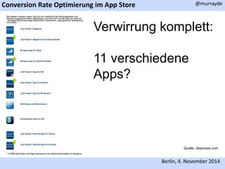 Conversion Rate Optimierung im App Store 
@murrayde 
Verwirrung komplett: 
11 verschiedene 
Apps? 
Quelle: diepresse.com 
Berlin, 4. November 2014 
 