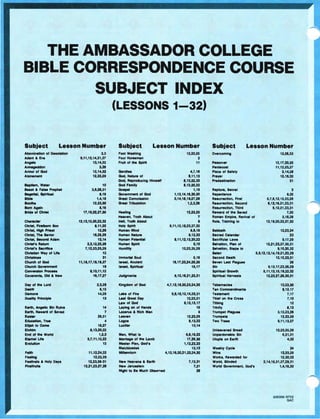THE AMBASSADOR COLLEGE
BIBLE CORRESPONDENCE COURSE
SUBJECT INDEX
(LESSONS 1-32)
.-
 