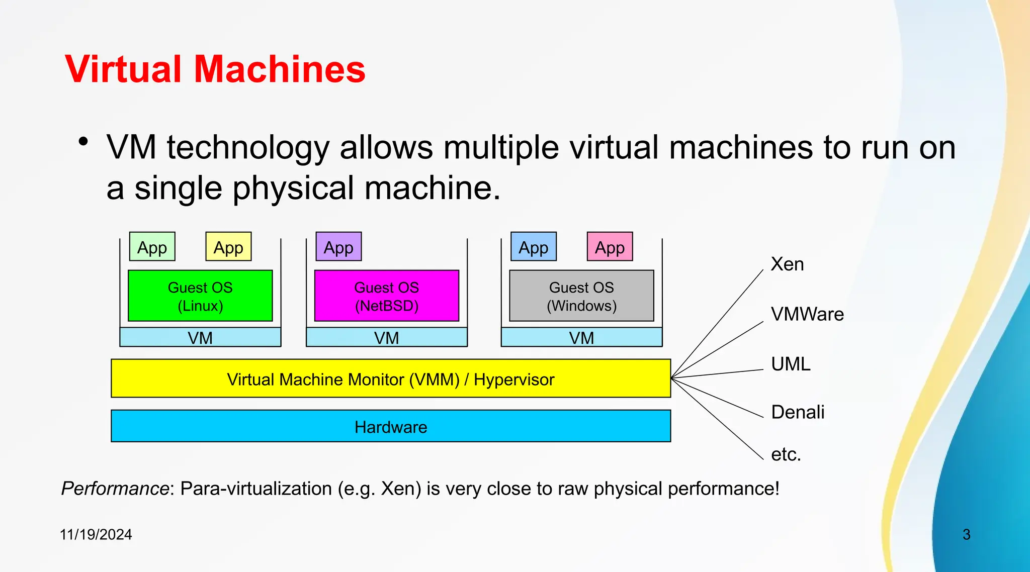 11/19/2024 3
Virtual Machines
• VM technology allows multiple virtual machines to run on
a single physical machine.
Hardware
Virtual Machine Monitor (VMM) / Hypervisor
Guest OS
(Linux)
Guest OS
(NetBSD)
Guest OS
(Windows)
VM VM VM
App
App App
App
App
Xen
VMWare
UML
Denali
etc.
Performance: Para-virtualization (e.g. Xen) is very close to raw physical performance!
 