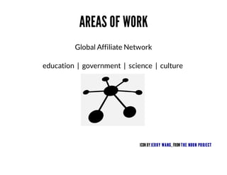 AREAS	OF	WORK
Global	Affiliate	Network
education		|		government		|		science		|		culture	

	
ICON	BY	JER R Y	WANG ,	FROM	T HE	NOUN	PR OJECT

 