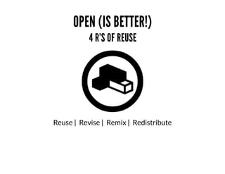 OPEN	(IS	BETTER!)
4	R'S	OF	REUSE

Reuse	|		Revise	|		Remix	|		Redistribute

 