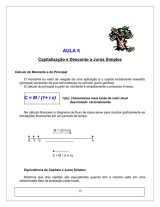 AULA 5
Capitalização e Desconto a Juros Simples
Cálculo do Montante e do Principal
O montante ou valor de resgate de uma aplicação é o capital inicialmente investido
(principal) acrescido de sua remuneração no período (juros ganhos).
O cálculo do principal a partir do montante é simplesmente o processo inverso.
C = M / (1+ i.n) *obs: chamaremos mais tarde de valor atual
descontado racionalmente.
No cálculo financeiro o diagrama de fluxo de caixa serve para mostrar graficamente as
transações financeiras em um período de tempo.
M = C(1+i.n)
0 1 2 ................................. n
C = M / (1+i.n)
Equivalência de Capitais a Juros Simples
Dizemos que dois capitais são equivalentes quando têm o mesmo valor em uma
determinada data de avaliação (data focal).
15
 