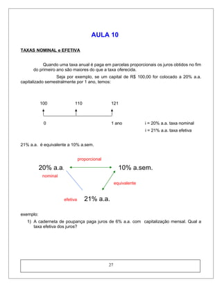 AULA 10
TAXAS NOMINAL e EFETIVA
Quando uma taxa anual é paga em parcelas proporcionais os juros obtidos no fim
do primeiro ano são maiores do que a taxa oferecida.
Seja por exemplo, se um capital de R$ 100,00 for colocado a 20% a.a.
capitalizado semestralmente por 1 ano, temos:
100 110 121
0 1 ano i = 20% a.a. taxa nominal
i = 21% a.a. taxa efetiva
21% a.a. é equivalente a 10% a.sem.
proporcional
20% a.a. 10% a.sem.
nominal
equivalente
efetiva 21% a.a.
exemplo:
1) A caderneta de poupança paga juros de 6% a.a. com capitalização mensal. Qual a
taxa efetiva dos juros?
27
 