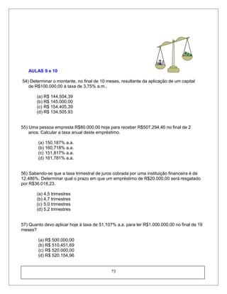 AULAS 9 e 10
54) Determinar o montante, no final de 10 meses, resultante da aplicação de um capital
de R$100.000,00 à taxa de 3,75% a.m..
(a) R$ 144.504,39
(b) R$ 145.000,00
(c) R$ 154.405,39
(d) R$ 134.505,93
55) Uma pessoa empresta R$80.000,00 hoje para receber R$507.294,46 no final de 2
anos. Calcular a taxa anual deste empréstimo.
(a) 150,187% a.a.
(b) 160,718% a.a.
(c) 151,817% a.a.
(d) 161,781% a.a.
56) Sabendo-se que a taxa trimestral de juros cobrada por uma instituição financeira é de
12,486%. Determinar qual o prazo em que um empréstimo de R$20.000,00 será resgatado
por R$36.018,23.
(a) 4,5 trimestres
(b) 4,7 trimestres
(c) 5,0 trimestres
(d) 5,2 trimestres
57) Quanto devo aplicar hoje à taxa de 51,107% a.a. para ter R$1.000.000,00 no final de 19
meses?
(a) R$ 500.000,00
(b) R$ 510.451,69
(c) R$ 520.000,00
(d) R$ 520.154,96
73
 