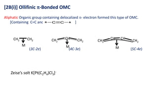 [2B(i)] Ollifinic -Bonded OMC
Aliphatic Organic group containing delocalized - electron formed this type of OMC.
[Containing C=C and ]
Zeise’s solt K[Pt(C2H4)Cl3]-
CH2 CH2
M
CH2
CH
M
CH2 CH2
CH
M
CH
CH2
(3C-2e) (4C-3e) (5C-4e)
 