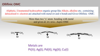 Aliphatic, Unsaturated hydrocarbon organic group like Alkain, alkaline etc.. containing
delocalized - electron are attached with metal ( and  bond) and Gives Ollifinic OMC.
More than two “c’ atom bonding with metal
and gives di, tri, tera…hapto OMC
Metals are
Pt(II); Ag(I); Pd(II); Hg(II); Cu(I)
CH2 CH2
M
CH2
CH
M
CH2
CH2
CH
M
CH CH2
Ollifinic OMC
 