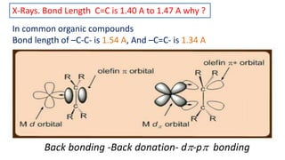 X-Rays. Bond Length C=C is 1.40 A to 1.47 A why ?
In common organic compounds
Bond length of –C-C- is 1.54 A, And –C=C- is 1.34 A
Back bonding -Back donation- d-p bonding
 