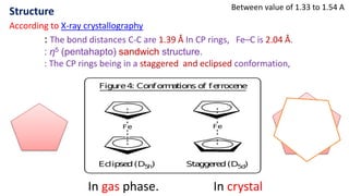 Structure
According to X-ray crystallography
: The bond distances C-C are 1.39 Å In CP rings, Fe–C is 2.04 Å.
: η5 (pentahapto) sandwich structure.
: The CP rings being in a staggered and eclipsed conformation,
In gas phase. In crystal
Between value of 1.33 to 1.54 A
 