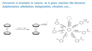 Ferrocene is aromatic in nature, so it gives reaction like benzene.
Sulphonation, alkailation, halogination, nitration..ect….
 