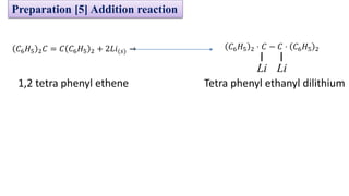 𝐶6𝐻5 2𝐶 = 𝐶 𝐶6𝐻5 2 + 2𝐿𝑖(𝑠) →
Tetra phenyl ethanyl dilithium
1,2 tetra phenyl ethene
𝐶6𝐻5 2 ⋅ 𝐶 − 𝐶 ⋅ 𝐶6𝐻5 2
Li Li
Preparation [5] Addition reaction
 