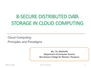 8-SECURE DISTRIBUTED DATA
STORAGE IN CLOUD COMPUTING
Cloud Computing
Principles and Paradigms
Cloud Computing - Part II 1
30th Jan, 2020 1Ms. T.K. Anusuya
Ms. T.K. ANUSUYA
Department of Computer Science
Bon Secours College for Women, Thanjavur
 