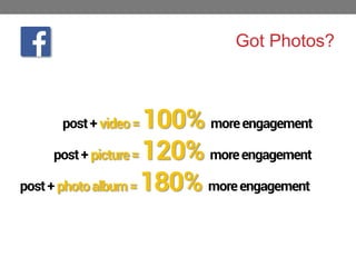 Got Photos?

100% more engagement
post + picture = 120% more engagement
post + photo album = 180% more engagement
post + video =

 