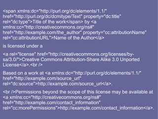 <span xmlns:dc="http://purl.org/dc/elements/1.1/"
href="http://purl.org/dc/dcmitype/Text" property="dc:title"
rel="dc:type">Title of the work</span> by <a
xmlns:cc="http://creativecommons.org/ns#"
href="http://example.com/the_author" property="cc:attributionName"
rel="cc:attributionURL">Name of the Author</a>
is licensed under a
<a rel="license" href="http://creativecommons.org/licenses/by-
sa/3.0/">Creative Commons Attribution-Share Alike 3.0 Unported
License</a>.<br />
Based on a work at <a xmlns:dc="http://purl.org/dc/elements/1.1/"
href="http://example.com/source_url"
rel="dc:source">http://example.com/source_url</a>.
<br />Permissions beyond the scope of this license may be available at
<a xmlns:cc="http://creativecommons.org/ns#"
href="http://example.com/contact_information"
rel="cc:morePermissions">http://example.com/contact_information</a>.
 