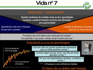 Vida nº 7 Entendendo a curva de aprendizagem Gatos dizem : “Que fascinante!” Quando aceitamos de verdade como se dá o aprendizado humanos, a palavra fracasso se torna uma afirmação, uma oportunidade “ Fracassos são como tijolos para construção do sucesso” “ Vou aprender o que puder, e tentar, tentar e tentar outra vez” Você tem idéia de quantas quedas são necessárias para um bebê aprender a andar ? Conhece algum pai que “puniu” seu filho por tentar aprender a andar ? Por que nas organizações o fracasso, a tentativa  é punida ? Os Gatos não se abatem pelo fracasso A reação da liderança ao fracasso pode ser um veneno terrível Aprendemos mais com o fracasso do que com o sucesso Curva encontrada em livros de psicologia Curva vivenciada por uma pessoa O fracasso é uma ineficiência imediata 