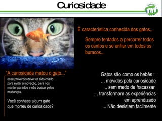 Curiosidade Gatos são como os bebês :  ... movidos pela curiosidade ... sem medo de fracassar  ... transformam as experiências em aprendizado ... Não desistem facilmente É característica conhecida dos gatos... Sempre tentados a percorrer todos os cantos e se enfiar em todos os buracos... esse provérbio deve ter sido criado para evitar a inovação, para nos manter parados e não buscar pelas mudanças. Você conhece algum gato que morreu de curiosidade? “ A curiosidade matou o gato...” 