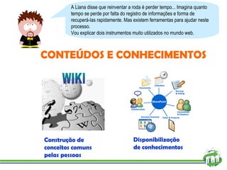 CONTEÚDOS E CONHECIMENTOS A Liana disse que reinventar a roda é perder tempo... Imagina quanto tempo se perde por falta do registro de informações e forma de recuperá-las rapidamente. Mas existem ferramentas para ajudar neste processo. Vou explicar dois instrumentos muito utilizados no mundo web. Disponibilização de conhecimentos Construção de conceitos comuns pelas pessoas WIKI 