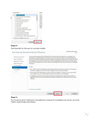 10
Étape 8 :
Petit descriptif du rôle que l'on souhaite installer.
Étape 9 :
Pour éviter de devoir redémarrer manuellement à chaque fin d'installation de service, j'ai coché
l'option redémarrage automatique.
 