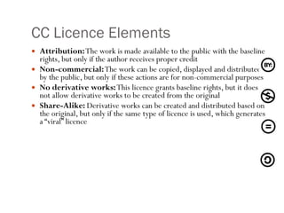 CC Licence Elements Attribution:  The work is made available to the public with the baseline rights, but only if the author receives proper credit Non-commercial:  The work can be copied, displayed and distributed by the public, but only if these actions are for non-commercial purposes No derivative works:  This licence grants baseline rights, but it does not allow derivative works to be created from the original  Share-Alike:  Derivative works can be created and distributed based on the original, but only if the same type of licence is used, which generates a “viral” licence 