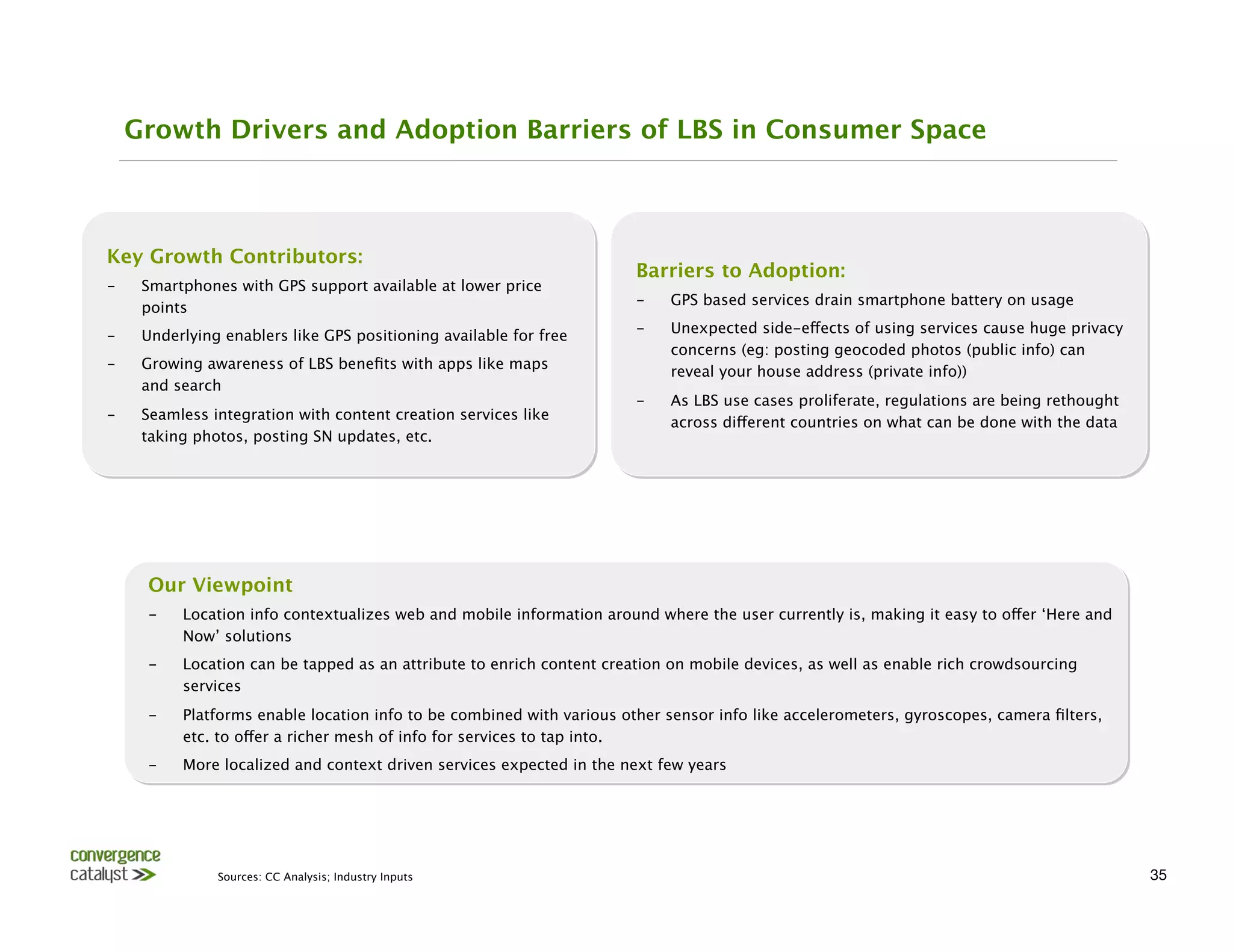 Growth Drivers and Adoption Barriers of LBS in Consumer Space



Key Growth Contributors:
                                                                        Barriers to Adoption:
-     Smartphones with GPS support available at lower price
                                                                        -    GPS based services drain smartphone battery on usage
      points
-     Underlying enablers like GPS positioning available for free
      -    Unexpected side-effects of using services cause huge privacy
                                                                             concerns (eg: posting geocoded photos (public info) can
-     Growing awareness of LBS beneﬁts with apps like maps
                                                                             reveal your house address (private info))
      and search
                                                                        -    As LBS use cases proliferate, regulations are being rethought
-     Seamless integration with content creation services like
                                                                             across different countries on what can be done with the data
      taking photos, posting SN updates, etc. 




      Our Viewpoint
      -    Location info contextualizes web and mobile information around where the user currently is, making it easy to offer ‘Here and
           Now’ solutions
      -    Location can be tapped as an attribute to enrich content creation on mobile devices, as well as enable rich crowdsourcing
           services
      -    Platforms enable location info to be combined with various other sensor info like accelerometers, gyroscopes, camera ﬁlters,
           etc. to offer a richer mesh of info for services to tap into. 
      -    More localized and context driven services expected in the next few years




                Sources: CC Analysis; Industry Inputs
                                                                                       35
 