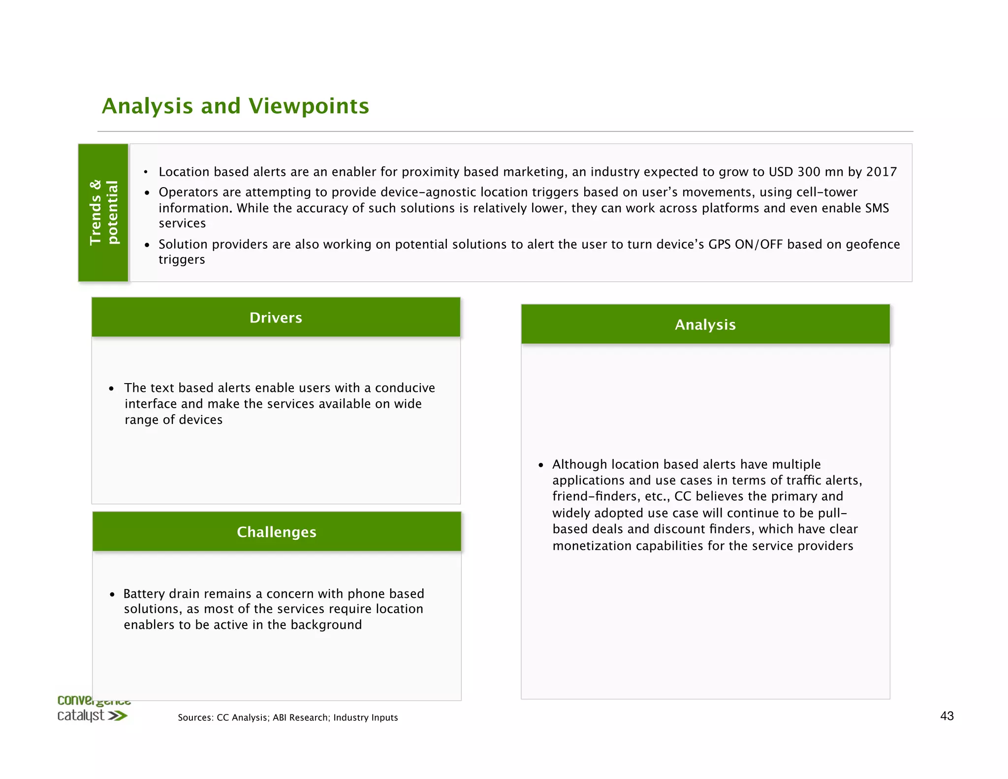 Analysis and Viewpoints

             •  Location based alerts are an enabler for proximity based marketing, an industry expected to grow to USD 300 mn by 2017
potential
Trends &




             •  Operators are attempting to provide device-agnostic location triggers based on user’s movements, using cell-tower
                information. While the accuracy of such solutions is relatively lower, they can work across platforms and even enable SMS
                services
             •  Solution providers are also working on potential solutions to alert the user to turn device’s GPS ON/OFF based on geofence
                triggers



                                  Drivers
                                                            Analysis



      •  The text based alerts enable users with a conducive
         interface and make the services available on wide
         range of devices


                                                                              •  Although location based alerts have multiple
                                                                                 applications and use cases in terms of traffic alerts,
                                                                                 friend-ﬁnders, etc., CC believes the primary and
                                                                                 widely adopted use case will continue to be pull-
                               Challenges
                                       based deals and discount ﬁnders, which have clear
                                                                                 monetization capabilities for the service providers


      •  Battery drain remains a concern with phone based
         solutions, as most of the services require location
         enablers to be active in the background




                  Sources: CC Analysis; ABI Research; Industry Inputs
                                                                       43
 