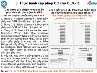 Chọn giấy phép khi trộn 2 tác phẩm OER
do những người khác sáng tạo ra ▼
http://www.openaccesstextbooks.org/
cc_tool/license_generator.html
3. Thực hành cấp phép CC cho OER - 3
Các bước cấp phép cho tác phẩm
phái sinh khi pha trộn các OER
1. Kết nối Internet để lấy công cụ ►►►
2. Trong ô '1. Select License #1' chọn giấy
phép của OER đầu tiên bạn định pha trộn.
3. Trong ô '2. Select License #2' chọn giấy
phép của OER thứ 2 bạn định pha trộn.
4. Trong ô '3. Select A License For Your
Derivative Work' nhấn 'See available
combined license'. Nếu 2 giấy phép được
chọn ở trên tương thích nhau, thì sẽ thấy
(các) giấy phép ở ô này hiện ra. Nếu
không, sẽ thấy dòng 'The licenses cannot
be combined. Click “Reset” and try again'
→ hãy bấm 'Reset' để chọn lại các OER
bạn định pha trộn.
5. Nếu OK, hãy chọn 1 giấy phép ở ô 3 và
sang ô '4. Incorporate into your document
or webpage', rồi chép thông tin giấy phép
ở ô 4 dán vào văn bản phái sinh của bạn.
6. Chỉnh sửa tiếng Việt nếu cần ở văn bản.
Tải về: Tờ rơi về Tính tương thích của các giấy phép Creative Commons tiêu chuẩn!
 