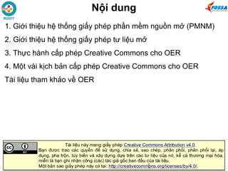 Nội dung
1. Giới thiệu hệ thống giấy phép phần mềm nguồn mở (PMNM)
2. Giới thiệu hệ thống giấy phép tư liệu mở
3. Thực hành cấp phép Creative Commons cho OER
4. Một vài kịch bản cấp phép Creative Commons cho OER
Tài liệu tham khảo về OER
 