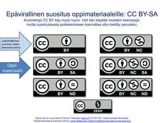 Tämä dia on muunnelma Tarmo Toikkasen tarmo.fi CC BY-SA -lisensoidusta teoksesta:
Tekijänoikeudet ja lisenssit (AVO): www.slideshare.net/tarmot/tekijnoikeudet-ja-lisenssit-avo
Epävirallinen suositus oppimateriaaleille: CC BY-SA
Avoimempi CC BY käy myös hyvin. Voit toki käyttää muitakin lisenssejä,
mutta suosituksesta poikkeamiseen kannattaa olla mietitty perustelu.
Oppi-
materiaalit
Julkishallinnon
avoimen datan
lisenssisuositus
 