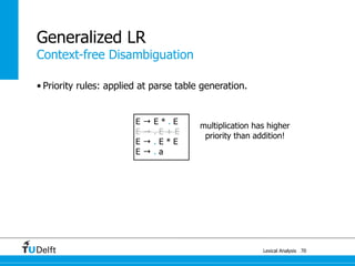 Lexical Analysis
Generalized LR
70
• Priority rules: applied at parse table generation.
E → E * . E
E → . E + E
E → . E * E
E → . a
multiplication has higher
priority than addition!
Context-free Disambiguation
 