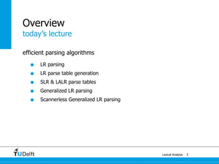 today’s lecture
Lexical Analysis
Overview
efficient parsing algorithms
• LR parsing
• LR parse table generation
• SLR & LALR parse tables
• Generalized LR parsing
• Scannerless Generalized LR parsing
3
 