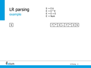 example
LR Parsing
LR parsing
6
* 3 $$ 7* 37 +
S → E $
E → E * E
E → E + E
E → Num
 
