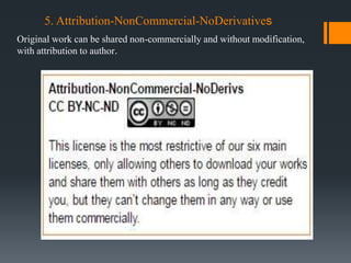 5. Attribution-NonCommercial-NoDerivatives
Original work can be shared non-commercially and without modification,
with attribution to author.
 