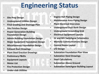 • Site Prep Design
• Underground Utilities Design
• Final Grading and Drainage Plan
• Site Finishes Design
• Power Generation Building
Foundation Design
• Admin Building Foundation Design
• Major Equipment Foundation Design
• Miscellaneous Foundation Design
• Exhaust Duct Drawings
• Plant Steel Erection Drawings
• Preliminary P&IDs
• Equipment Layouts
• Motor List
• Fire Protection Design
• Under-slab Utilities
Engineering Status
• Engine Hall Piping Design
• Maintenance Area Piping Design
• Plant Electrical One-Lines
• Underground Duct Bank Design
• Underground Grounding Grid
• Electrical Equipment Layouts
• LV and MV Switchgear Schematics
• Wartsila Communications Design
• Control Room Layout
• I/O Design
• Substation Foundation Plan View
• Substation Steel Drawings
• Steel Calculations
• Substation Above Ground
• Substation Switchgear Building Layout
 