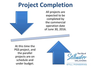 All projects are
expected to be
completed by
the commercial
operation date
of June 30, 2016.
At this time the
PGS project, and
the parallel
projects are on
schedule and
under budget.
Project Completion
 