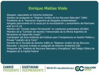 Enrique Matías Viale   Abogado, especialista en Derecho Ambiental  Estudios de postgrado en "Régimen Jurídico de los Recursos Naturales" (UBA) Presidente de la “Asociación Argentina de Abogados Ambientalistas”  Abogado patrocinante en la causa por la recomposición y saneamiento del Riachuelo ante la C.S.J.N. Miembro del “Consejo Asesor Permanente” en cuestiones ambientales (GCABA) Miembro de la “Comisión de Asuntos Transversales de la Oficina Argentina de Mecanismo de Desarrollo Limpio” Coordinador del Área Ambiente del Instituto para Transparencia en Gestión Pública y Privada “Lisandro de la Torre” Docente de la Facultad de Derecho (UBA) en "Régimen Jurídico de los Recursos Naturales“ y docente invitado en postgrado de Derecho Ambiental (UB) Integrante del "Instituto de Recursos Naturales y Energéticos" del Colegio Público de Abogados de la Capital Federal 