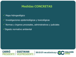 Medidas CONCRETAS Mapa hidrogeológico Investigaciones epidemiológicas y toxicológicas Normas y órganos procesales, administrativos y judiciales  Digesto normativo ambiental 