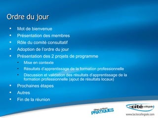 Ordre du jour  Mot de bienvenue Présentation des membres Rôle du comité consultatif Adoption de l’ordre du jour Présentation des 2 projets de programme  Mise en contexte  Résultats d’apprentissage de la formation professionnelle Discussion et validation des résultats d’apprentissage de la formation professionnelle (ajout de résultats locaux) Prochaines étapes  Autres Fin de la réunion 