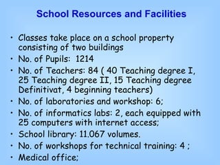 School Resources and Facilities Classes take place on a school property consisting of two buildings No .   of  Pupils :   1214 No . of  Teachers :  84 ( 40 Teaching degree I, 25 Teaching degree II, 15 Teaching degree Definitivat, 4  beginning teachers ) N o. of laboratories and  workshop : 6; N o. of informatics  labs :  2, each equipped with  25 computers with internet  access ; School library: 11.067 volumes.   No. of workshops for  technical training:  4 ; Medical office ;   Dental office ; 