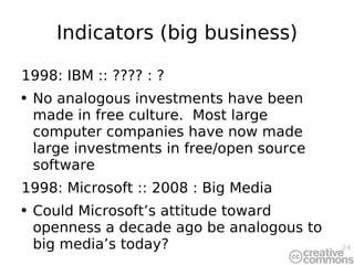 Indicators (big business) 1998: IBM :: ???? : ? No analogous investments have been made in free culture.  Most large computer companies have now made large investments in free/open source software 1998: Microsoft :: 2008 : Big Media Could Microsoft’s attitude toward openness a decade ago be analogous to big media’s today? 
