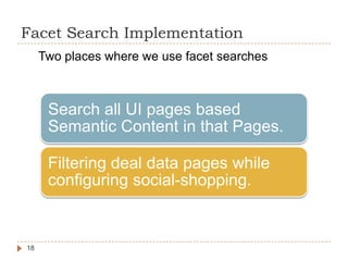 Facet Search Implementation
     Two places where we use facet searches



      Search all UI pages based
      Semantic Content in that Pages.

      Filtering deal data pages while
      configuring social-shopping.


18
 